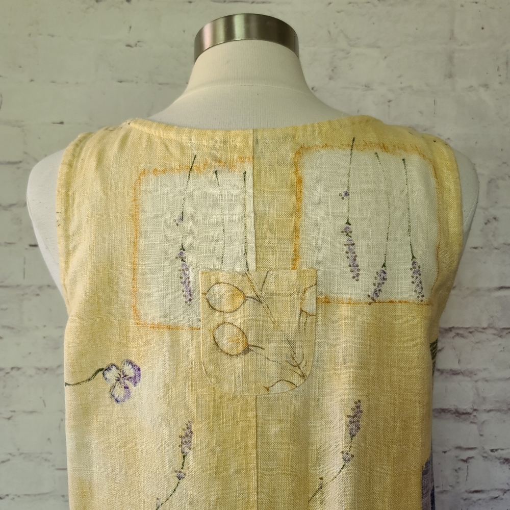 Vintage Sweet Jessie Yellow Botanical Print 100% Linen Tank Maxi Dress Medium - Picture 6 of 10